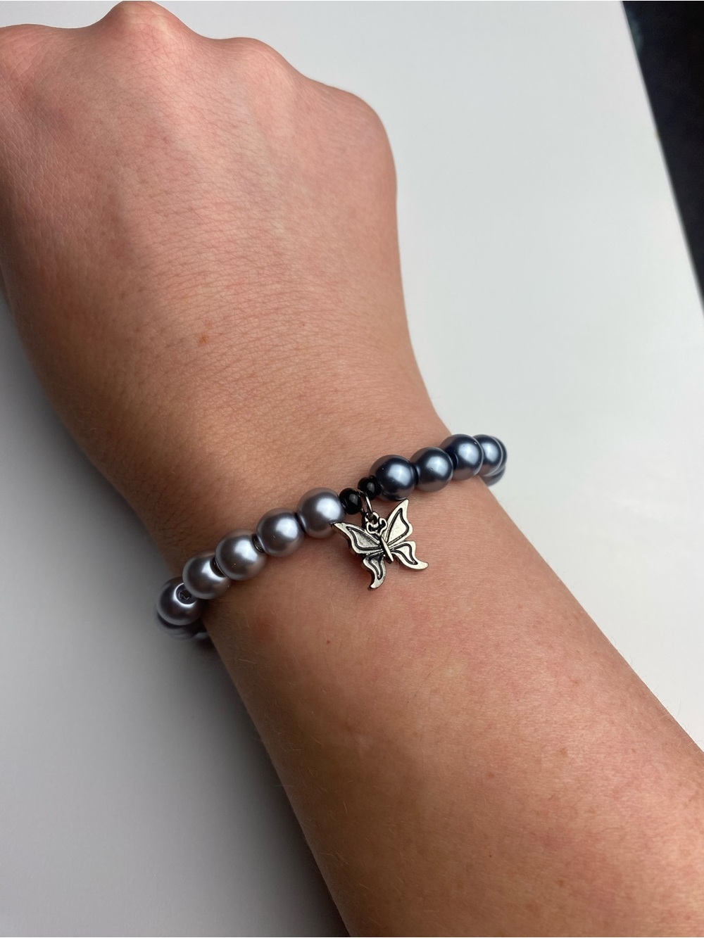 Silver Pearl Bead Half and Half Bracelet with Butterfly Charm
